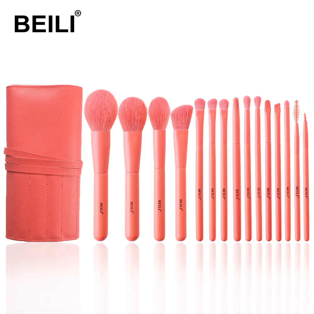 BEILI-Juego de brochas de maquillaje de Color Coral, 15 unidades, pelo sintético, base en polvo, mezcla, contorno, sombra de ojos, Kit personalizado