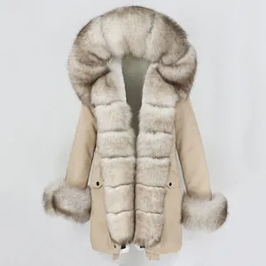 Damen Schaffell Ledermantel mit großer Echt fuchs Pelz kragen Jacke  pelzigen Winter flauschige Luxus warme Slim