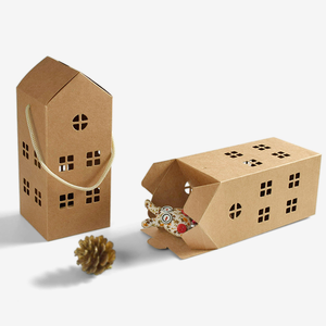 Carton pliant de cadeau de Noël de papier kraft simple de couleur unie en forme de <span class=keywords><strong>maison</strong></span> avec la boîte-cadeau d'emballage portative de biscuit de sucrerie - Product Image 1