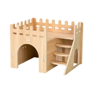 矮小仓鼠2层厨具，带搁板和梯子天然木质仓鼠笼