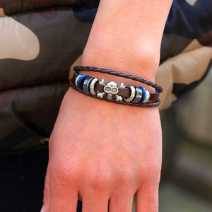 Fashion Wrap Bracelet Skull Design Zinc Alloy Black Coffee Color Handmade <b>Braided</b> Leather Men's Jewelry <b>Accessory</b> - Product Image 1