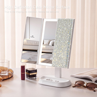 Miroir de maquillage LED à trois volets avec strass, grossissement 5X 7X, rechargeable, avec base de rangement