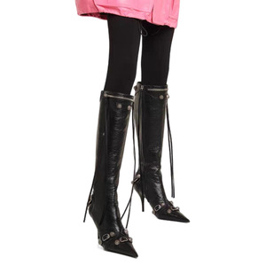 European American Women's Plus Size High Heel Pointed Boots with Black Tassel Metal Rivet Belt Buckle Zip Closure for Winter - Product Image 2
