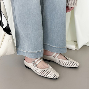 EVERGREEN Waterproof Knitted Mesh Breathable Casual Slippers Genuine Leather Upper Thick Low Heel Large Size Ankle-Wrap Slip-On - Product Image 3