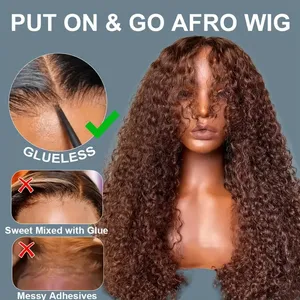 Perruques sans Colle en Dentelle HD Complète, Frisées Afro avec Frange, Cheveux Humains Brésiliens Bruts, Perruques Frontales en Dentelle HD - Product Image 3