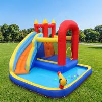 Château gonflable commercial avec piscine à jets d'eau, canon à eau, rouge et bleu, en PVC anti-UV, combo pour location de fêtes d'enfants
