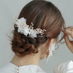 Women Cloth Flower Wedding Hair Comb Earrings Ceramic Flower Fairy Wedding Jewelry Sets