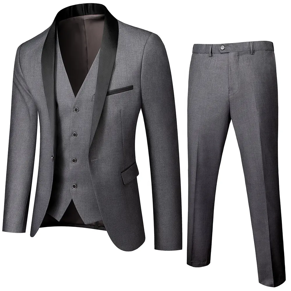 Cheap Suit for Men S-6XL 3 Pieces Grey Black Formal Wear Men Suits for Wedding