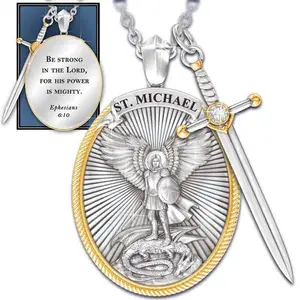 Y862 Hip Hop Catholic Pendant Necklace Archangel Michael Sword Jewelry Gift Chain Catholic Religious Jewelry For Men Women