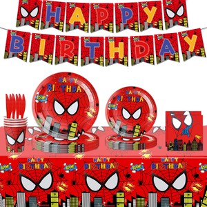 Decoraciones <span class=keywords><strong>para</strong></span> Fiesta <span class=keywords><strong>de</strong></span> Cumpleaños <span class=keywords><strong>de</strong></span> Spider-Man Rojo, Tema <span class=keywords><strong>de</strong></span> Héroe Urbano, 106 Piezas Desechables <span class=keywords><strong>de</strong></span> Plástico y <span class=keywords><strong>Papel</strong></span>: Vasos, Servilletas, Platos, Mantel - Product Image 2