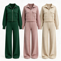 Ensemble deux pièces décontracté surdimensionné pour femme, en maille unie, avec col zippé et poches, jambes larges, fabrication OEM ODM
