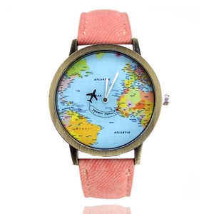 นาฬิกาข้อมือผ้าเดนิม ผ้าแคนวาส สายหนัง ลายแผนที่โลก รูปทรงเครื่องบิน - Product Image 2