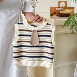 Gilet pull tricoté style coréen pour garçons, nouvelle collection printemps-automne 2025, veste <span class=keywords><strong>sans</strong></span> <span class=keywords><strong>manches</strong></span> à rayures, pull à col. - Product Image 1