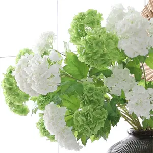 होम पार्टी सजावट के लिए वेडिंग फ्लोरल सेंटरपीस कृत्रिम 2 हेड रियल टच लेटेक्स सफेद हरे हाइड्रेंजिया स्नोबॉल फूल