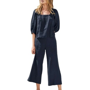 Nouveau Design de <span class=keywords><strong>grande</strong></span> <span class=keywords><strong>taille</strong></span> pour femmes, couleur unie, pantalon rétro, costume en coton et <span class=keywords><strong>lin</strong></span> décontracté pour dames, costume deux pièces - Product Image 2