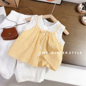 Ensemble de vêtements d'été pour filles, haut en <span class=keywords><strong>tissu</strong></span> doux et agréable pour la peau, à carreaux jaunes, avec short à œillets blancs - Product Image 5