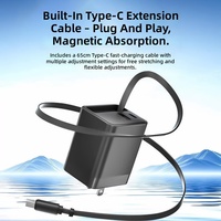 Chargeur mural rapide GaN 65W réel avec câble Type C rétractable, bloc de charge compact pour voyage, chargeur USB C multi-ports