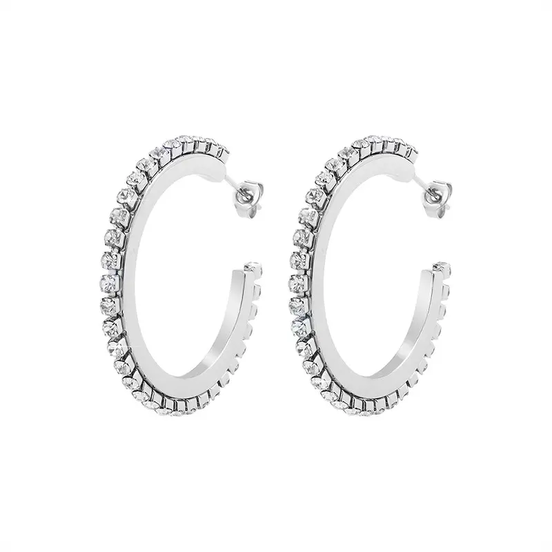 New Ins personality sky star black and white zircon glittering C-shaped Diamond hoop Earrings stainless steel earrings wholesale