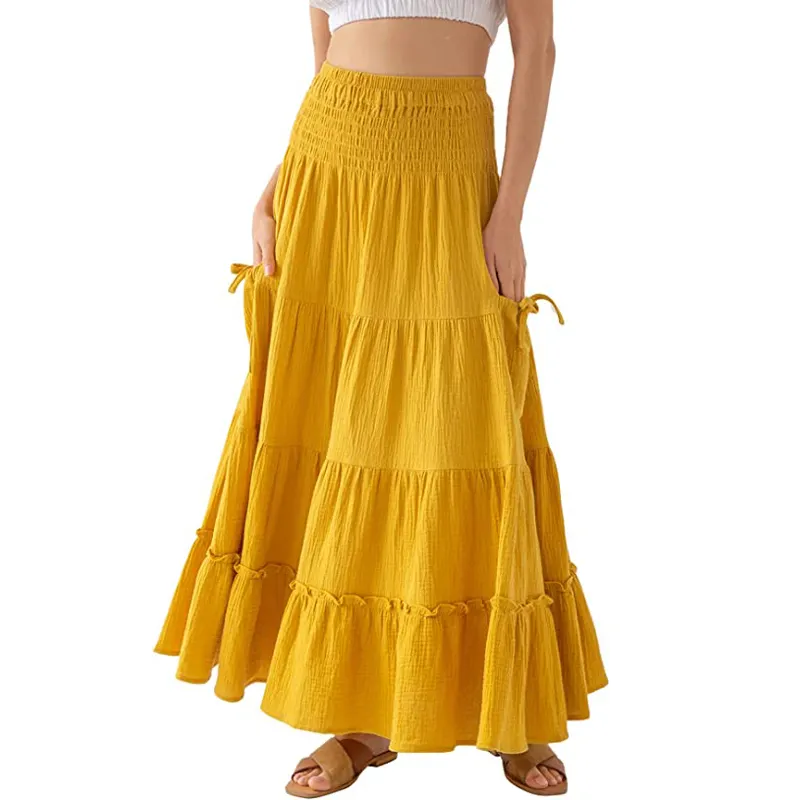 Casual flowy clothes bohemian women pleated elastic waist pockets long maxi tiered gypsy skirt