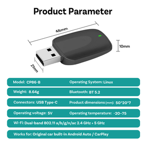 อะแดปเตอร์ CarPlay แบบ2 in 1ขนาดเล็กแปลงสายจากโรงงานเป็น CarPlay ไร้สาย USB เสียบ & Play สำหรับรถยนต์สื่อ - Product Image 6