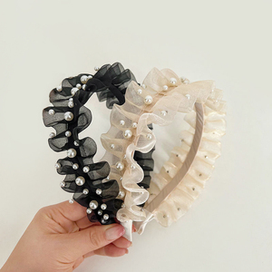 OEM Factory Wavy Mech <strong>Gauze</strong> Creased Hairband Pearl Solid Color Pleated Fabric Headbands Elegant Black and <strong>White</strong> Ladies Diademas - Product Image 1