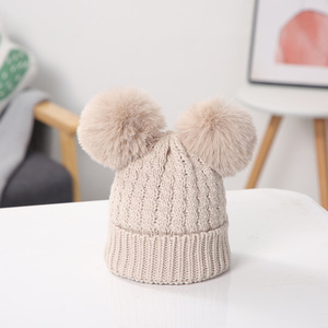 Custom Label Solid White Brown Warm Winter Kids Knitted Hat Single-cuff Cute Double <strong>Pom</strong> <strong>Pom</strong> Children Winter <strong>Beanie</strong> Hats - Product Image 3