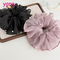 Scrunchie rambut besar Korea berbahan mutiara, gaya liburan, organza, dengan aksen ruffle, aksesoris rambut.