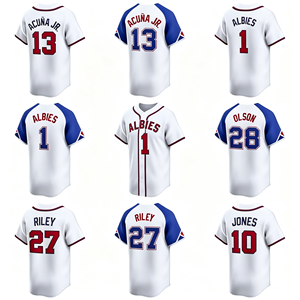 Camiseta de Béisbol de los Atlanta Braves # 13 Acuna Jr. # 1 Albies # 28 Olson # 27 Riley # 10 Jones Camiseta corta raglán con estampado digital en blanco, azul y rojo - Product Image 1
