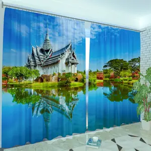 Großhandel Fabrik preis 3D Digitaldruck Bild Vorhang Landschaft Balkon Bucht Verdunkelung fenster Vorhänge für Schlafzimmer Wohnzimmer