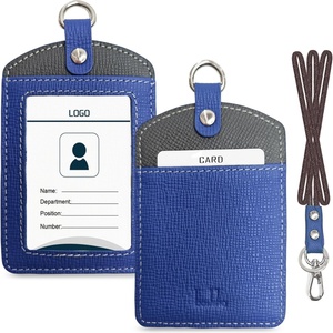 Boshiho Badge <b>Holder</b> Cowhide Leather <b>ID</b> Badge Card <b>Holder</b> with 19" Neck Lanyard Vertical Style <b>ID</b> Card <b>Holder</b> - Product Image 1