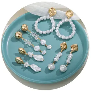 Long Tassel Stud Earrings KJ Fashion Jewelry 18K Gold Plated Baroque Pearl Drop Earrings for Women