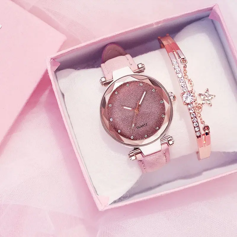 Vrouwen Romantische Sterrenhemel Horloge Armband Pu Lederen Strass Designer Dames Klok Armband Horloges Set