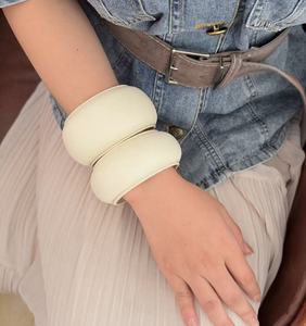 Closed circle leather bangle with neat stitching understated luxury texture versatile leather <b>cuff</b> <b>bracelet</b> minimalist style - Product Image 2