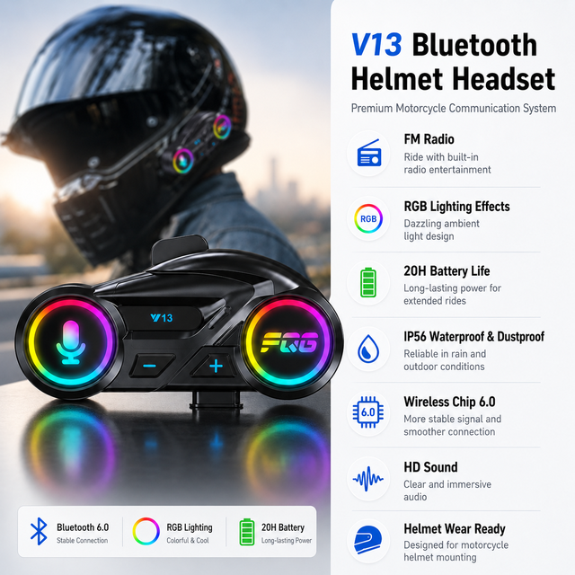 5.4 Motorcycle Helmet Headset Clear Call Loud Volume IP56 1000mAh Battery 20H Music Playback 2H Fast Charging