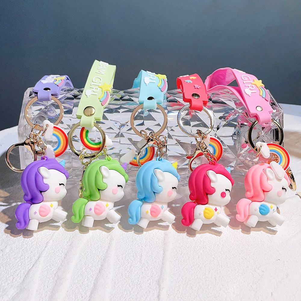 Cute Kawaii 3D Unicorn Keychains Softglue Pegasus Pendant Rings Kids Toys Doll Women Men Bag Key Chain Gifts for Girl