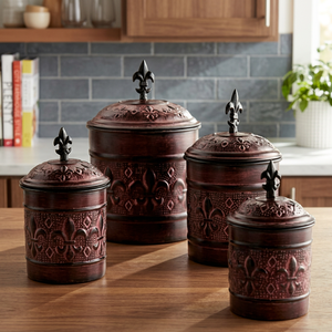 Classic Metal Spice Containers Set With Fleur De Lis Design Round Shape With Lid Storage <b>Bins</b> For <b>Kitchen</b> Use - Product Image 3