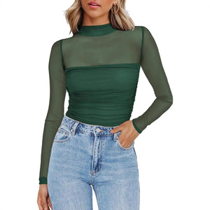 European American Cross-border 2025 for New Solid Color Neck Mesh Splicing <strong>See</strong>-<strong>through</strong> Long-sleeved Sexy Cute <strong>Top</strong> - Product Image 2