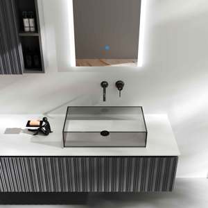 Meuble-lavabo flottant <span class=keywords><strong>de</strong></span> luxe moderne <span class=keywords><strong>de</strong></span> 1650 mm avec texture cannelée 3D, vasque en verre gris et plan <span class=keywords><strong>de</strong></span> travail en pierre frittée - Product Image 3