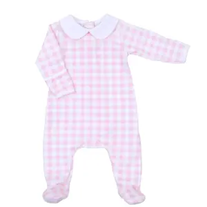 Monogrammed Cotton Long Sleeve Baby Boy Girl Home Outfit Newborn Fall Babies Blue Pink Check Collared footie