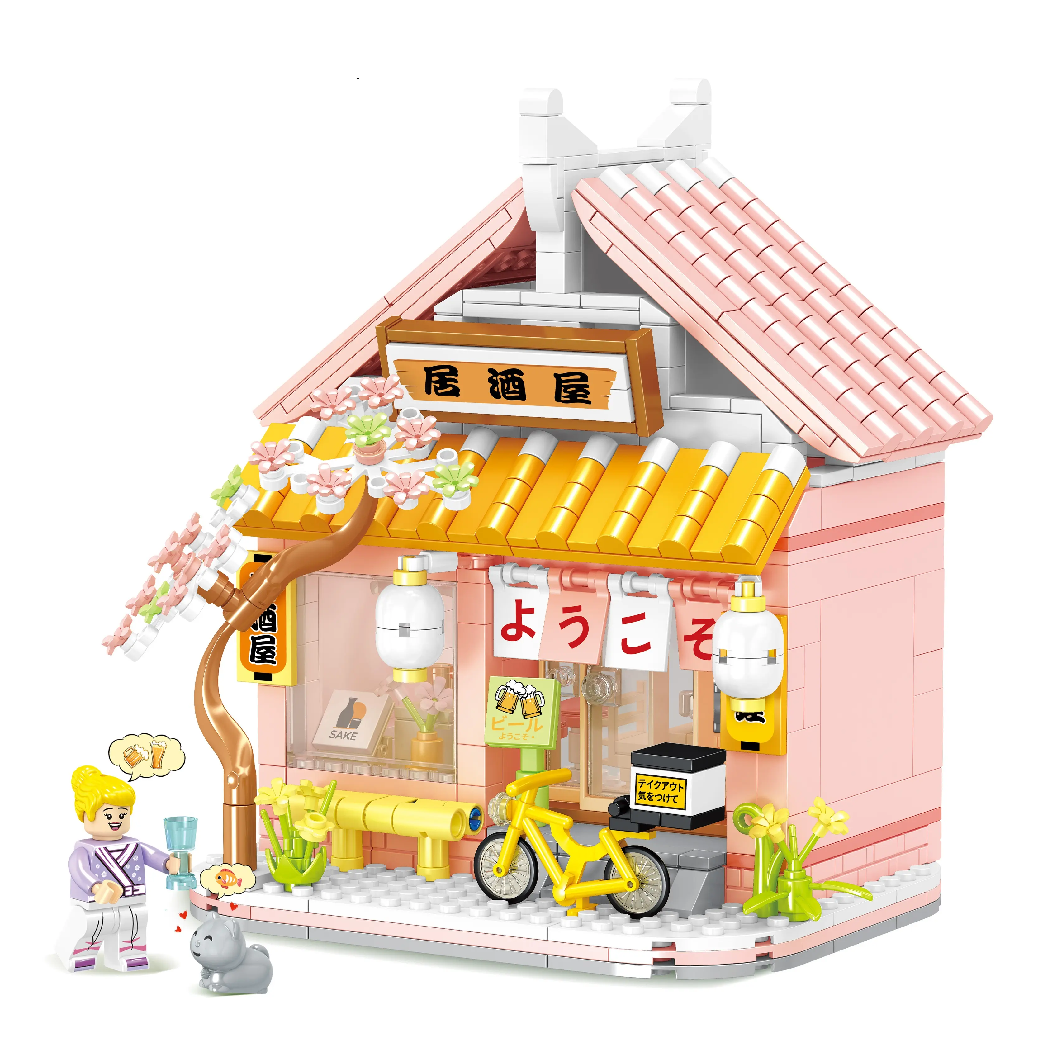 Grosir kreatif Izakaya Model rumah rakitan blok bangunan Diy Set blok bangunan rumah Mini sakura