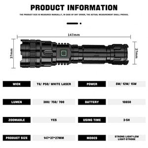 CITICITY <b>LED</b> Flashlights 15W Super Bright <b>Rechargeable</b> Torch <b>Light</b> 3 Modes Accept Customized Battery Including - Product Image 2