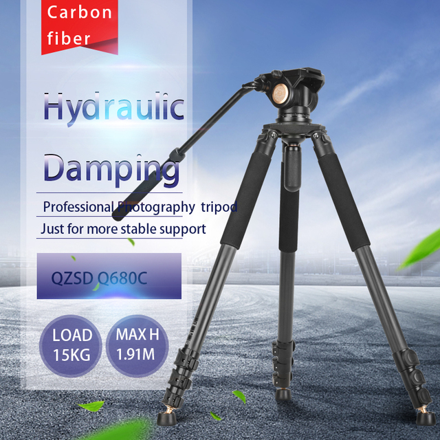 QZSD Q680C 1910MM Height Carbon Tripod for Video Camcorder Low Shooting Hydraulic Damping Pan Head Q90 Stand Foot Nail Included