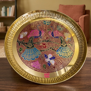 Assiette décorative orientale faite à la main, ronde, en métal, peinte à la main, motif floral d'oiseaux, cadre doré, cadeau artistique - Product Image 3