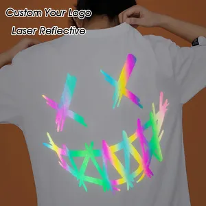 Groothandel Laser Regenboog Reflecterende Logo Mannen T-shirt Custom Sublimatie Logo Reflecterende Het Licht In De Nacht Tshirt