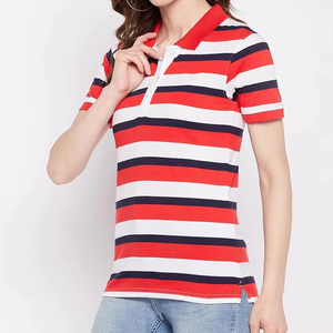 Polo a Rayas para Mujer, Manga Corta, Casual, Rojo, Blanco, Azul Marino, Poliéster/Algodón, Transpirable, Corte Regular - Product Image 1