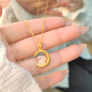 Rabbit Zodiac Pendant Hetian Jade White Jade Inlaid Gold Chain Necklace For Women Everyday Wear - Product Image 2