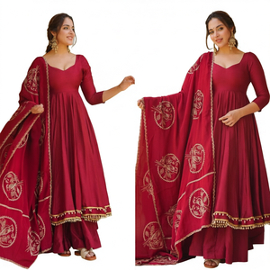 Ensemble Anarkali Palazzo en soie romaine lourde avec dupatta brodée en soie Chanderi et doublure intérieure en micro-coton – Collection de tenues de soirée de créateur - Product Image 1