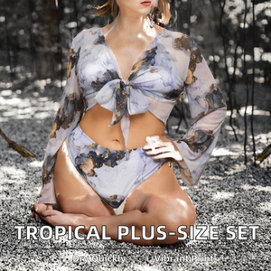 2 Piece <b>Plus</b> <b>Size</b> Sexy Push up <b>Bikini</b> Swimwear <b>Set</b> with Tropical and Floral Print Front Logo Cover up - Product Image 3