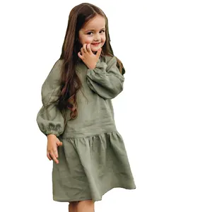 Spring Dress Ruffles Long Sleeve Solid Cotton Linen Party Casual With Headband Clothes Christmas For Baby Girl