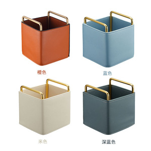 Panier de rangement à structure métallique, porte-stylos garni de cuir, organiseur de télécommandes de bureau, étagère de rangement en fer forgé (en stock) - Product Image 5